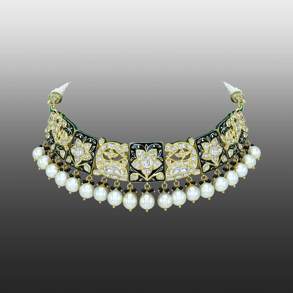 Polki Choker Necklace with Black Enamel and Pearls